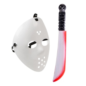Set mască de Halloween și cuțit decorativ cu mâner schelet, alb/negru, accesoriu costum