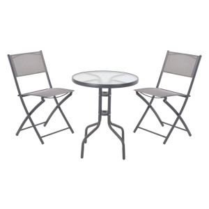 Set mobilier bistro pliabil cu masă rotundă și 2 scaune – cadru metalic și blat din sticlă securizată, gri