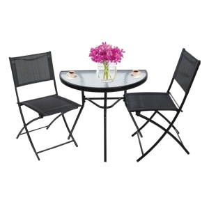 Set mobilier de grădină 3 piese Jumi – masă semicirculară cu blat din sticlă și 2 scaune pliabile