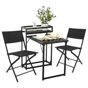 Set mobilier de terasă pliabil, Jumi, negru, 2 scaune și masă cu suport pentru flori