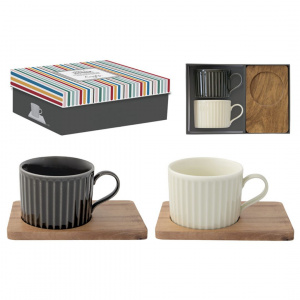 Set porțelan 2 căni 250ml și farfurii lemn acacia gri/verzuliu - Img 5