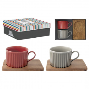 Set porțelan 2 căni 250ml și farfurii lemn acacia roșu/gri - Img 5