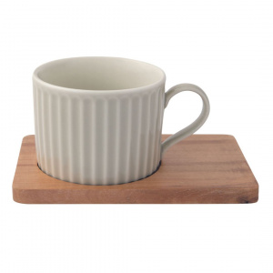 Set porțelan 2 căni 250ml și farfurii lemn acacia verde/gri - Img 3