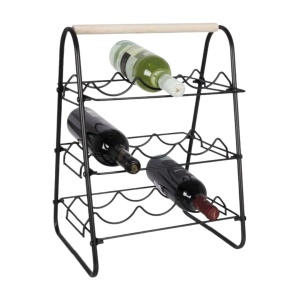 Suport pentru 9 sticle de vin, din metal negru cu mâner din lemn