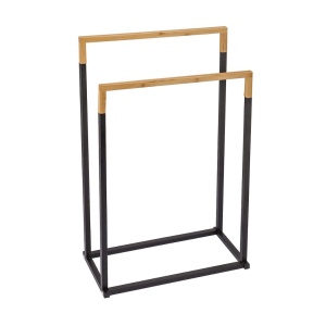 Suport prosoape Jumi, pe două rânduri, metal și bambus, negru și maro, 76x45x22 cm