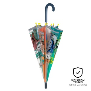 Umbrelă manuală, Perletti, transparentă POE, model dinozauri, cu elemente reflectorizante, colecția Cool Kids, 65 cm