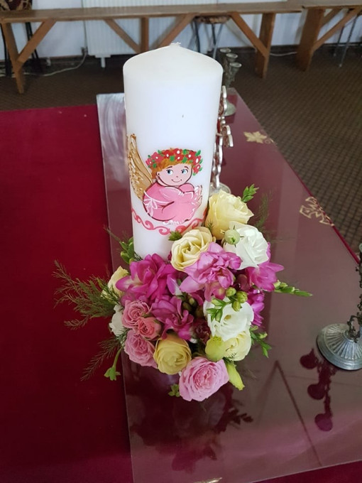 Lumanare personalizata botez tematic Ingeras roz
