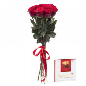 Buchet 9 trandafiri rosii si ciocolata Merci