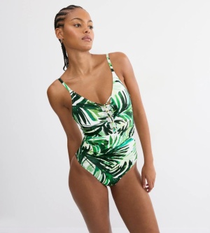 Costum de baie întreg cu cupe buretate cu efect modelator, Triumph Summer Palm OP 01, Verde