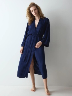 Halat lung cu cordon în talie, Triumph Amourette Jacquard Long Robe Bleumarin