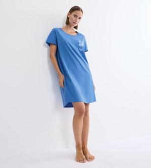 Cămașă de noapte din bumbac cu mânecă scurtă, Triumph Nightdresses Albastru - Img 4