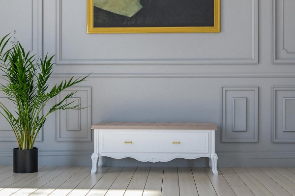 Bancheta tapitata cu 1 sertar Andra, lemn masiv, 150 x 40 x 40 cm