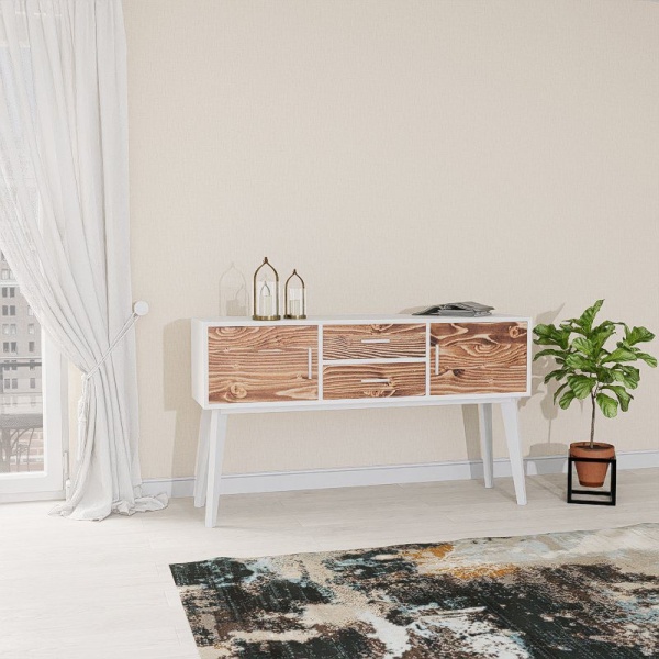 Comoda Terra Home, 2 usi si 2 sertare, lemn masiv si mdf alb, 138 x 38 x 80 cm