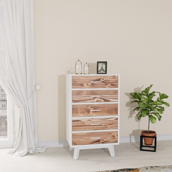 Comoda Terra Home cu 5 sertare, lemn masiv si mdf alb, 60 x 40 x 100 cm