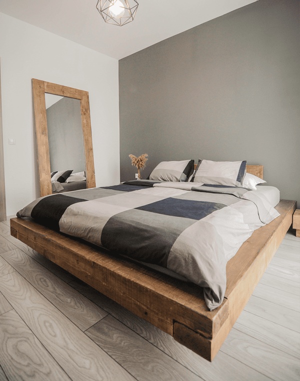 Pat lemn masiv pin model Chania, grinzi solide rustice, 140 cm, 160 cm, 180 cm sau 200 x 200 cm