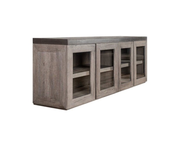 Bufet cu vitrina Alaska, 4 usi, lemn masiv stejar + microciment, 183 x 46 x 81 cm