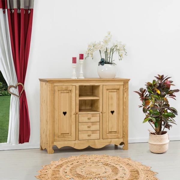 Comoda Rustic Flame lemn masiv, 2 usi, 3 sertare + nisa, 139 x 46 x 116 cm