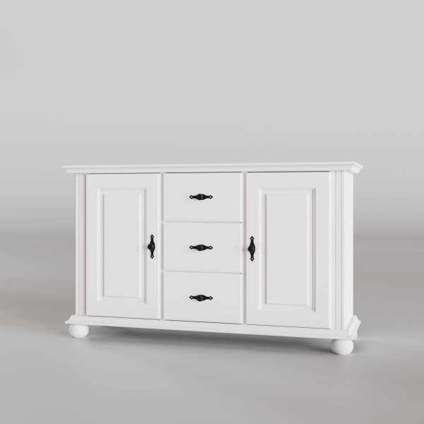 Comoda Sara, lemn masiv, 2 usi si 3 sertare, 144.3 x 45 x 86.5 cm, alb unt