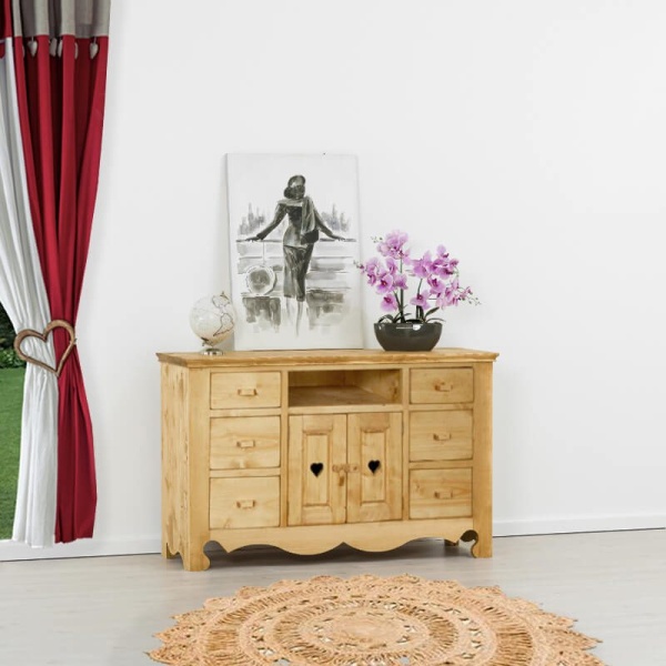 Comoda TV Rustic Flame lemn masiv, 2 usi si 6 sertare + nisa, 140 x 50 x 85 cm