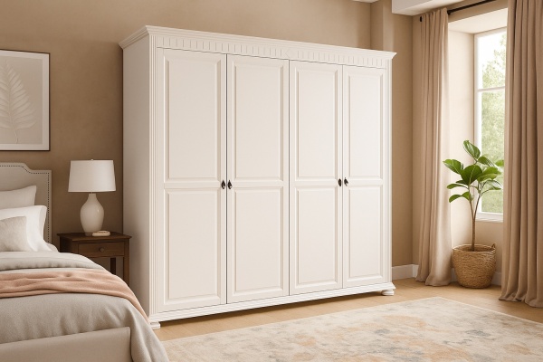 Dulap dormitor Noblesse cu 4 usi, Lemn Masiv, 221 x 60 x 210 cm, Alb