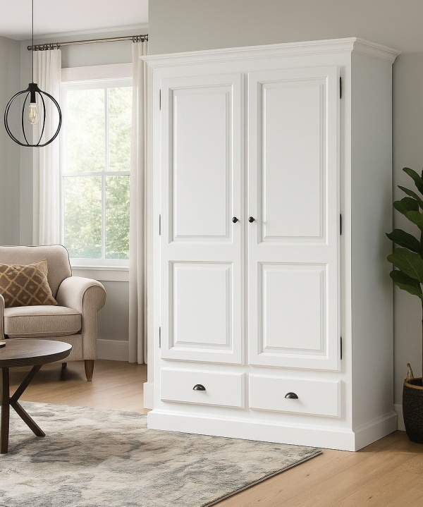 Dulap Inka cu 2 usi si 2 sertare Lemn Masiv vopsit alb, 126 x 61 x 202 cm