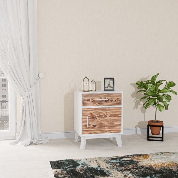 Noptiera Terra Home cu 1 usa si 1 sertar, lemn masiv si mdf alb, 50 x 40 x 64 cm