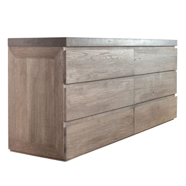 Comoda Alaska cu 6 sertare, lemn masiv stejar + microciment, 183 x 51 x 81 cm