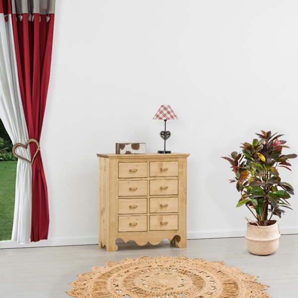 Comoda dormitor Rustic Flame lemn masiv cu 8 sertare, 84 x 42 x 99 cm