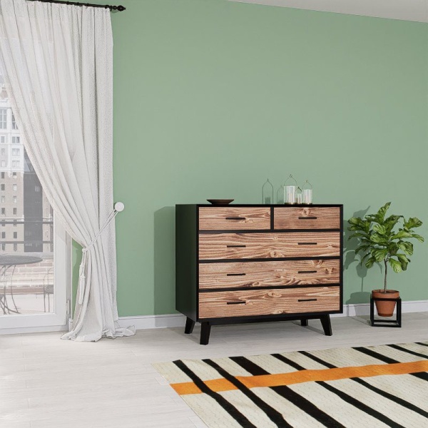 Comoda Terra Home cu 3+2 sertare, lemn masiv si mdf negru, 98 x 45 x 85 cm