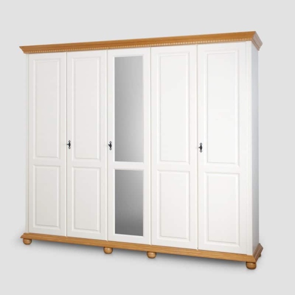 Dulap dormitor Teodora cu 5 usi, lemn masiv, 258.8 x 62 x 220 cm, alb unt/miere