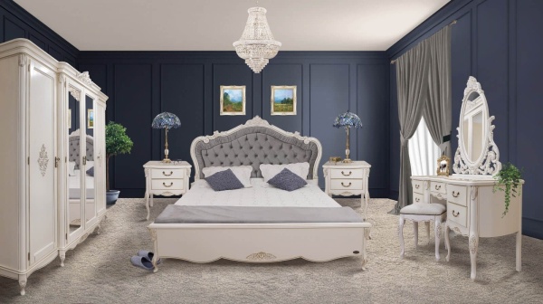 Set mobila dormitor Monalisa Classic Stil, 4 piese, vopsit alb cu patina aurie
