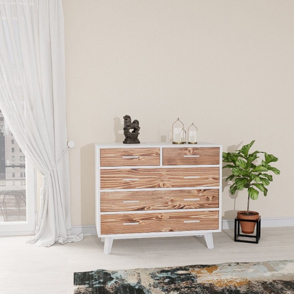 Comoda Terra Home cu 3+2 sertare, lemn masiv si mdf alb, 98 x 45 x 85 cm