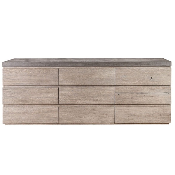 Comoda Alaska cu 9 sertare, lemn masiv stejar + microciment, 213 x 51 x 81 cm