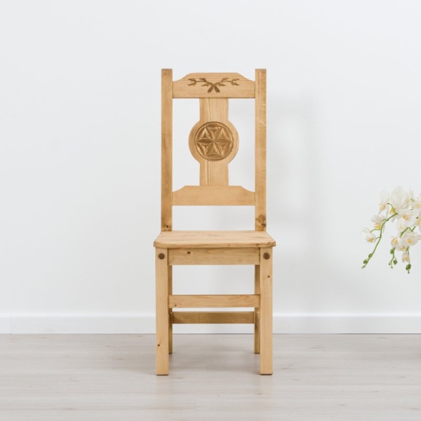 Scaun Lemn Masiv Rustic Ursul Carpatin model A cu rozeta, 40 x 42 x 101 cm