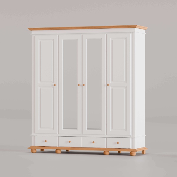 Dulap dormitor Sara, lemn masiv, 4 usi, 197 x 58 x 201 cm, alb unt + miere
