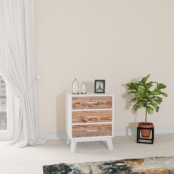 Noptiera Terra Home cu 3 sertare, lemn masiv si mdf alb, 50 x 40 x 64 cm