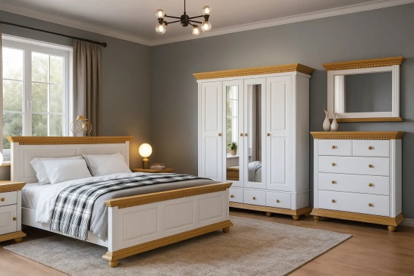 Set mobila dormitor Teodora, 3 piese lemn masiv alb unt-miere, configurabil