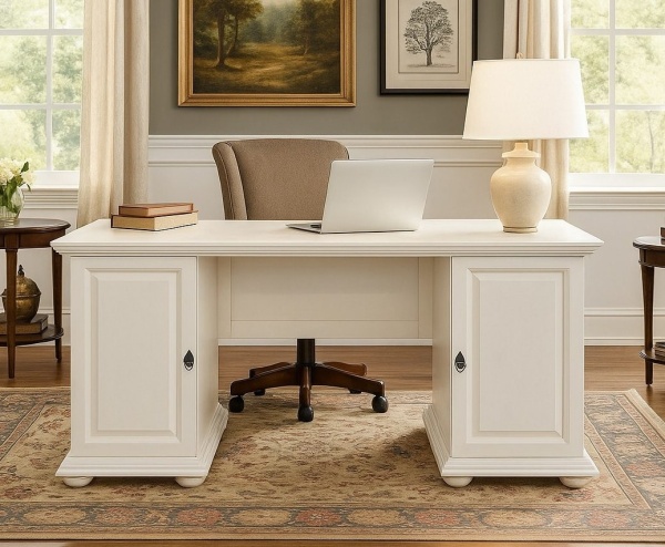 Birou dormitor Noblesse 2 usi, lemn masiv alb, 160 x 67 x 76.6 cm