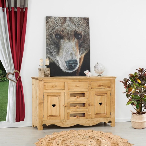 Comoda dormitor Rustic Flame lemn masiv, 2 usi si 6 sertare, 138 x 50 x 106 cm