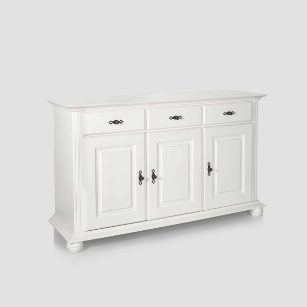 Comoda Sara, lemn masiv, 3 usi si 3 sertare, 144.3 x 45 x 86.5 cm, alb unt