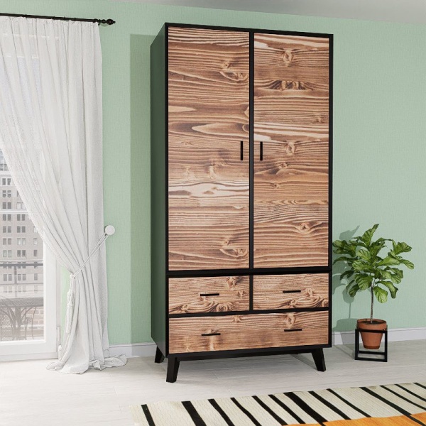 Dulap Terra Home cu 2 usi si 3 sertare, lemn masiv si mdf negru, 100 x 55 x 200 cm