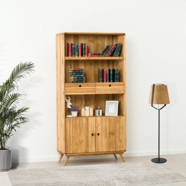 Biblioteca cu 2 usi 2 sertare Sahara, Lemn masiv periat, 100 x 40 x 200 cm