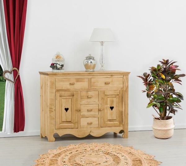 Comoda dormitor Rustic Flame cu 2 usi si 5 sertare, Lemn masiv, 129 x 50 x 100 cm