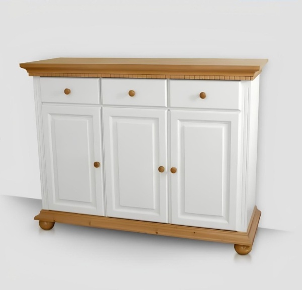 Comoda dormitor Teodora, 3 usi si 3 sertare, lemn masiv, 130 x 47.5 x 100 cm, alb unt/miere