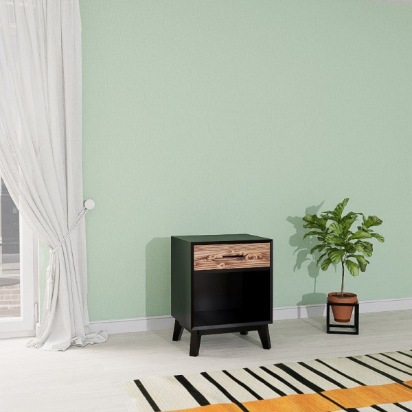 Noptiera Terra Home cu 1 sertar si nisa, lemn masiv si mdf negru, 50 x 40 x 64 cm