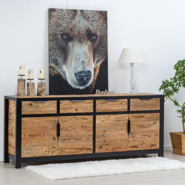 Bufet Lemn Masiv Rustic Loft cu 4 usi si 4 sertare, 220 x 50 x 90 cm