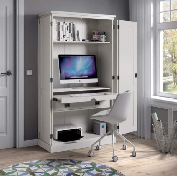 Dulap cu birou Lovely Kubic, lemn masiv si mdf alb, 100 x 45 x 180 cm