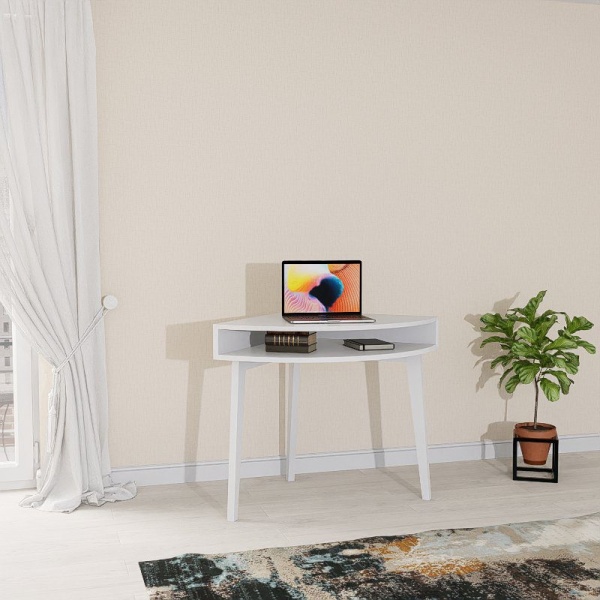 Birou de colt, masuta colt Terra Home, lemn masiv si mdf alb, 70 x 70 x 76 cm