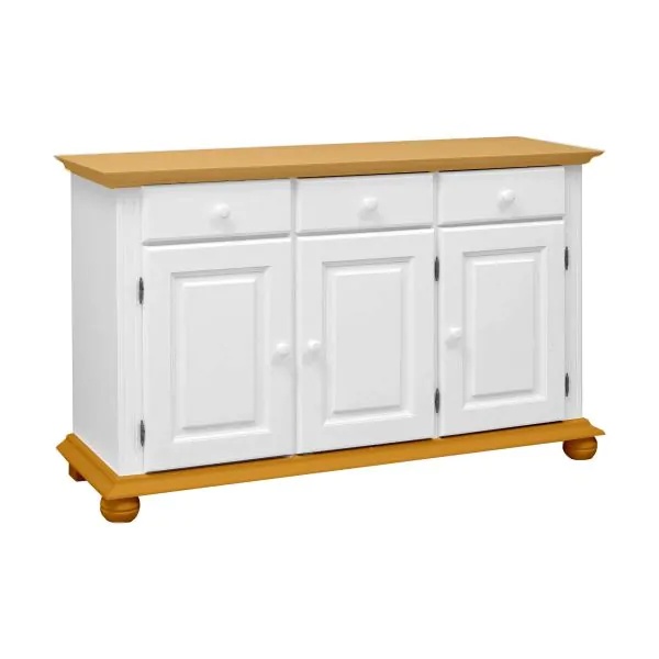 Comoda Sara, lemn masiv, 3 usi si 3 sertare, 144.3 x 45 x 86.5 cm, alb unt + miere