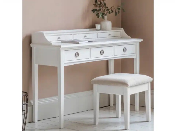 Masa de toaleta Aurelia cu taburet tapitat, lemn masiv alb, 120 x 45 x 92 cm